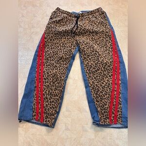 BiBi Leopard Print Pants with Blue Denim and Red stripe.